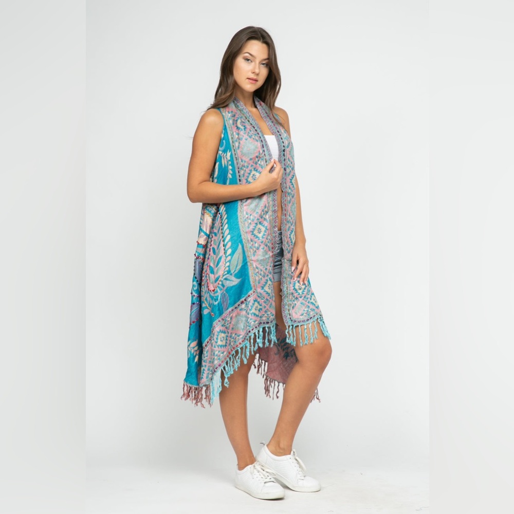 RAJ Imports Boho Embroidered Long Vest Dk Turquoise Vest Fringe 1 Size Layla